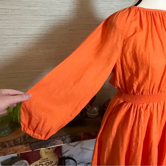 J Crew Palermo Smocked Waist Mini Dress 100% Linen 3/4 Sleeve Orange Size XS - Picture 3 of 6